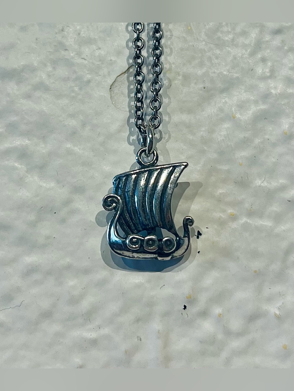 Vintage Silver Tone Viking Ship Pendant Necklace